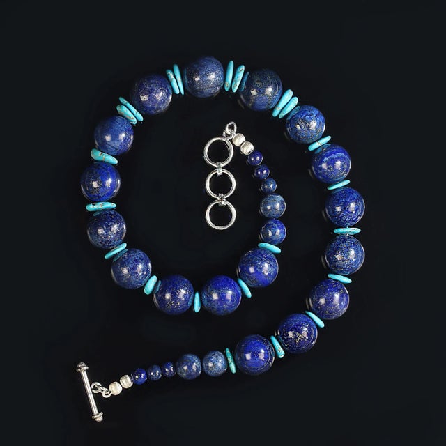 Metal Ajd 19 Inch Lapis Lazuli and Sleeping Beauty Turquoise Necklace For Sale - Image 7 of 7