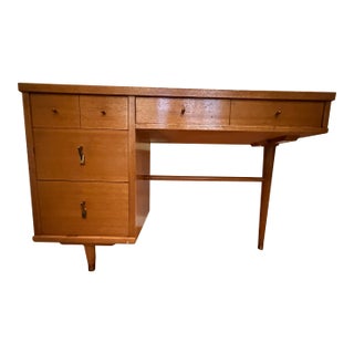 1950s Mid-Century Modern Wood Writing Desk With Custom Glass Top, Original Brass Hardware For Sale