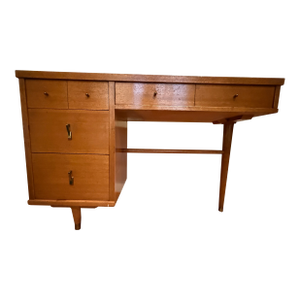1950s Mid-Century Modern Wood Writing Desk With Custom Glass Top, Original Brass Hardware