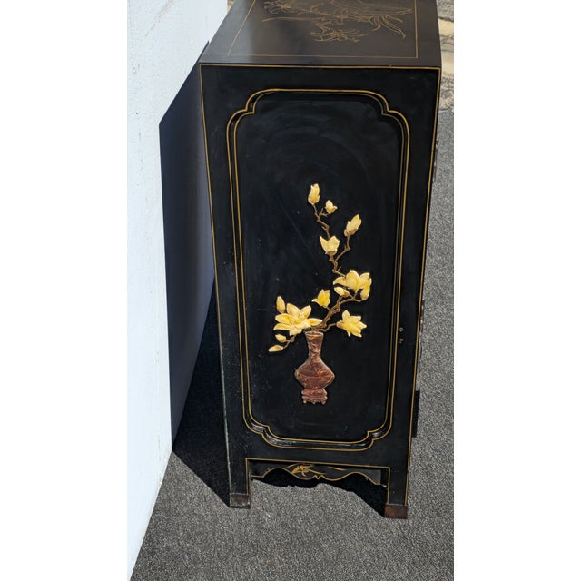 Vintage Chinese Asian Black Lacquer Chinoiserie Cabinet Storage Side Table #2of2 For Sale - Image 9 of 15