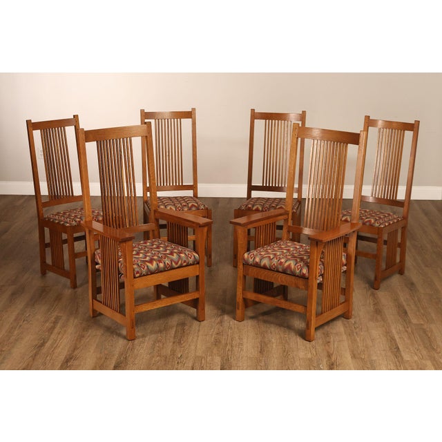 High Quality American Made Set Of Six Stickley Mission Style Dining Chairs Featuring Vertical Spindle Backs And Solid Oak...