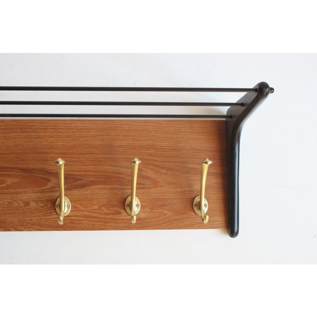 Mid-Century Modern Brass and Teak Boomerang Coat Rack with Tile attributed to Alfred Hendrickx for Belform, Belgium, 1950s For Sale - Image 3 of 16