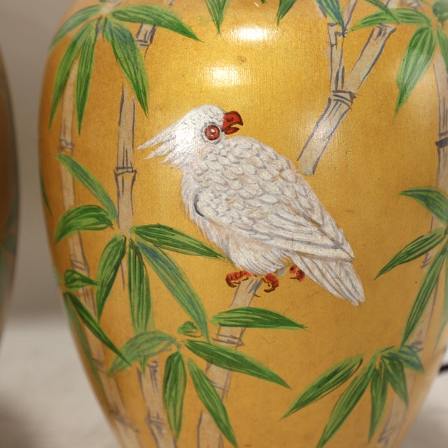 Ceramic Vintage Hollywood Regency Style Hand-Painted Yellow Ceramic Bird and Bamboo Table Lamps - a Pair For Sale - Image 7 of 13