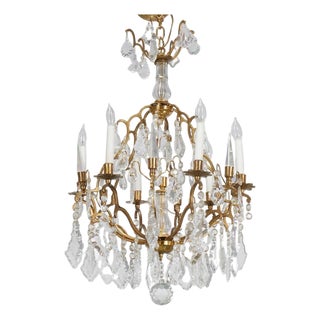 Mid 20th Century Louis XV Style Twelve Arm Brass and Faceted Crystal Chandelier For Sale