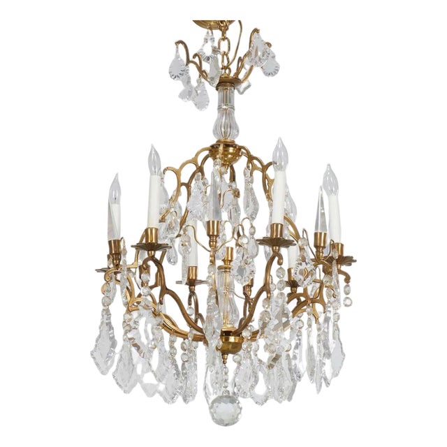 Mid 20th Century Louis XV Style Twelve Arm Brass and Faceted Crystal Chandelier For Sale