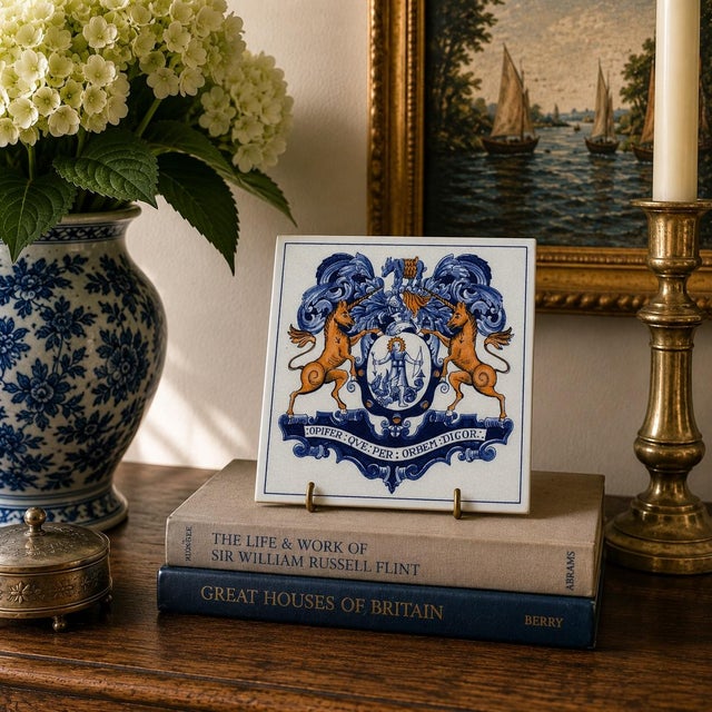 A classic Dutch Delft-style hand painted blue and white porcelain tile featuring an intricately rendered heraldic coat of...