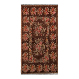 1950s Hand-Knotted Mid-Century Vintage Bessarabian Rug in Brown and Green Floral Pattern For Sale