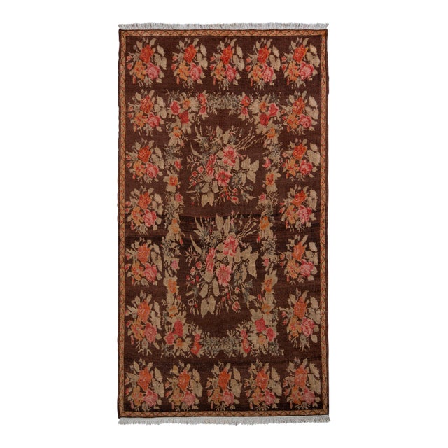 1950s Hand-Knotted Mid-Century Vintage Bessarabian Rug in Brown and Green Floral Pattern For Sale