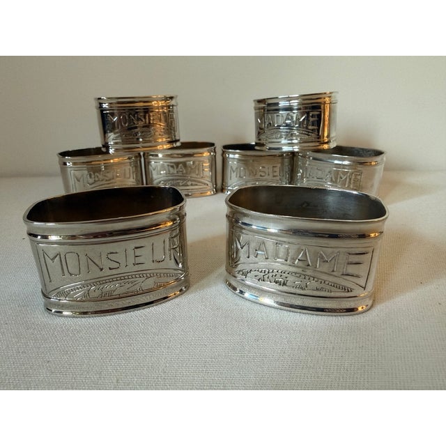 French Vintage Silver Plated French Napkin Rings Monsieur & Madame, Set 2 For Sale - Image 3 of 12