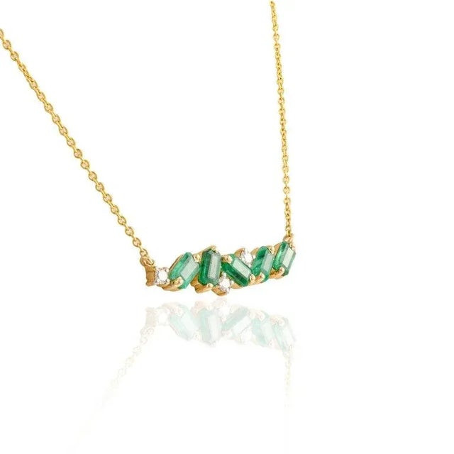 Not Yet Made - Made To Order 1.32ct Emerald Bar Pendant Necklace With Diamonds in 14k Yellow Gold For Sale - Image 5 of 15