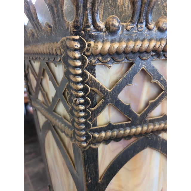 1920s Gothic Tudor Ecclesiastical Gold Painted Metal & Slag Glass Fixture Chandelier For Sale - Image 10 of 10