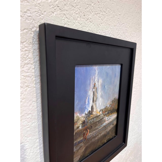 Contemporary City Park by Norman Cable | Oil on canvas panel Fountain in a park with trees and people nearby. For Sale - Image 3 of 4