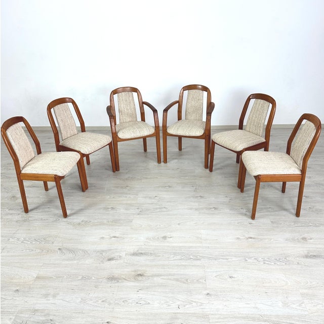 Dimensions: H 33.5” x W 17” x SD 17” x SH 19” Armchair - W 22” Set of 6 Scandinavian dining chairs, manner of Dyrlund,...