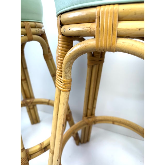 1960s Set of 4 Mid Century Cal-Asia Rattan Bar Stools With Mint Green Upholstered Seats For Sale - Image 4 of 8