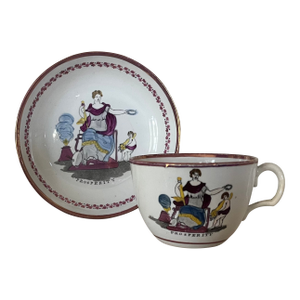 Antique 19th C. English Regency Pink Luster Porcelain Tea Cup & Saucer With Prosperity Crest 1810