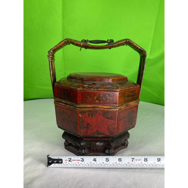 Antique Chinese Wedding Basket Octagonal Red Lacquer Wood Hand Painted Food Carrier For Sale - Image 12 of 12
