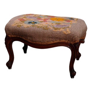 Antique French Louis XV Style Needlepoint Walnut Footstool For Sale