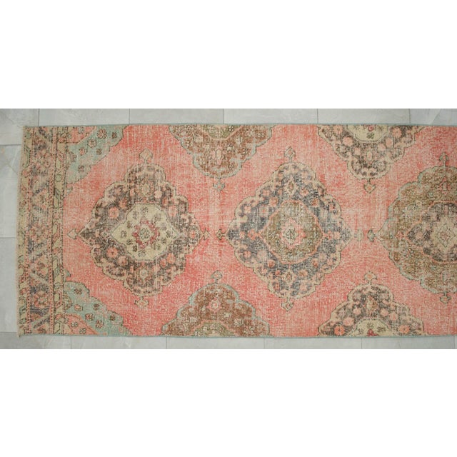 3x12 Vintage Oushak Runner Rug, Faded Salmon Pink and Sage Green Hallway Runner, 1970s Handmade Anatolian Corridor Rug, Kitchen Runner For Sale - Image 9 of 13