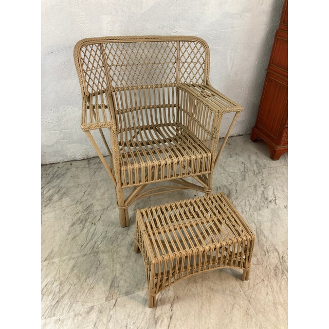 Wood Vintage Rattan Club Chair and Ottoman For Sale - Image 7 of 10