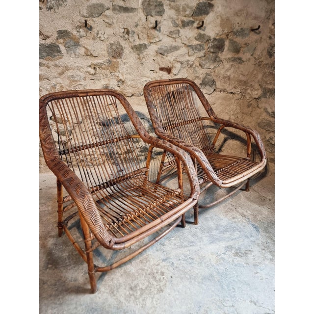 Mid-Century Modern Vintage Rattan Lounge Set, France, 1940s, Set of 3 For Sale - Image 3 of 18