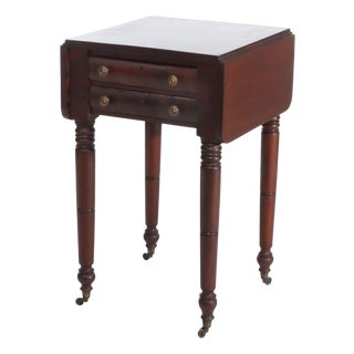 Antique American Empire Flame Mahogany 2 Drawer Drop Leaf Work Table C1840 For Sale