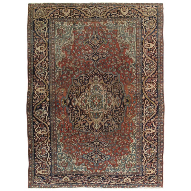 Antique Farahan Sarouk Carpet, Handmade Oriental Rug, Ivory, Navy, Green, Rust For Sale - Image 4 of 4