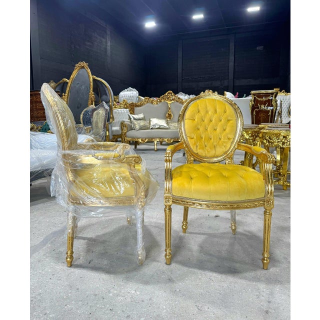 Baroque Golden Yellow Velvet Chair Set With Exquisite Gold Leaf Details For Sale - Image 4 of 6