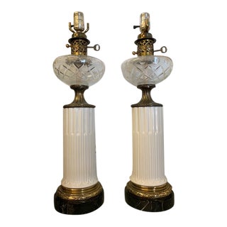 Vintage Milk Glass Column With Brass & Black Marble Base Lamps - a Pair For Sale