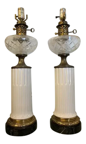 Vintage White Column With Brass & Black Marble Base Lamps - A Pair