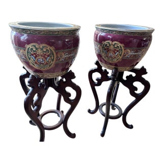 Chinese Export Porcelain Fishbowls on Carved Wood Stands - A Pair For Sale