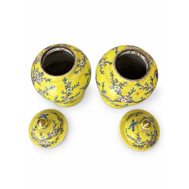 Mid 20th Century Pair of Nippon-Marked Yellow Bird and Floral Porcelain Ginger Jars For Sale In Las Vegas - Image 6 of 9