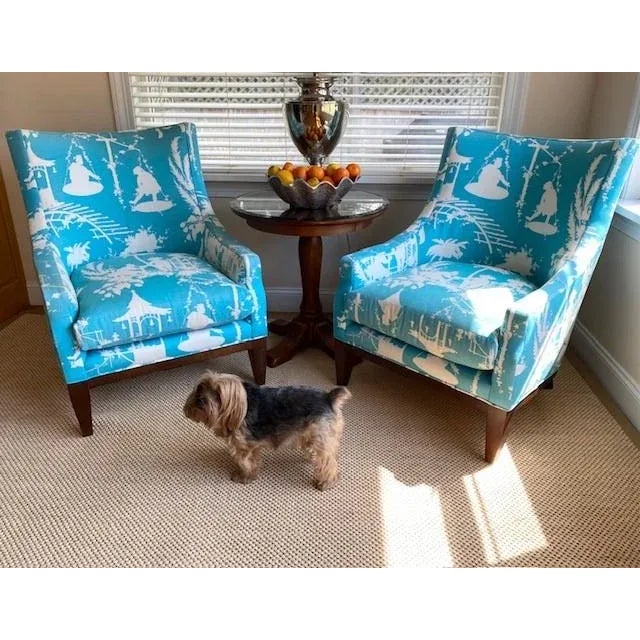 A Pair of Custom Curved Chinoiserie Style Wingback Chairs For Sale In New York - Image 6 of 11