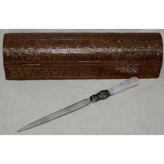 Traditional Copper, Brass and Wood Box With Mother of Pearl Handle Letter Opener For Sale - Image 3 of 7