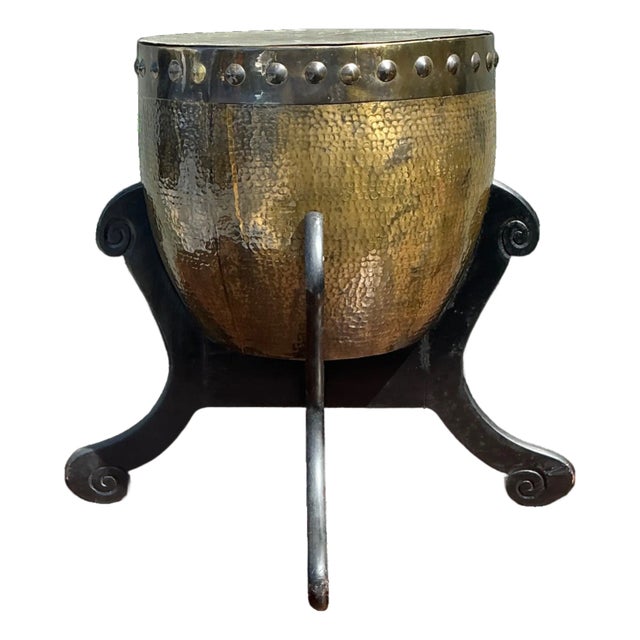 Vintage Hammered Brass Drum Table For Sale