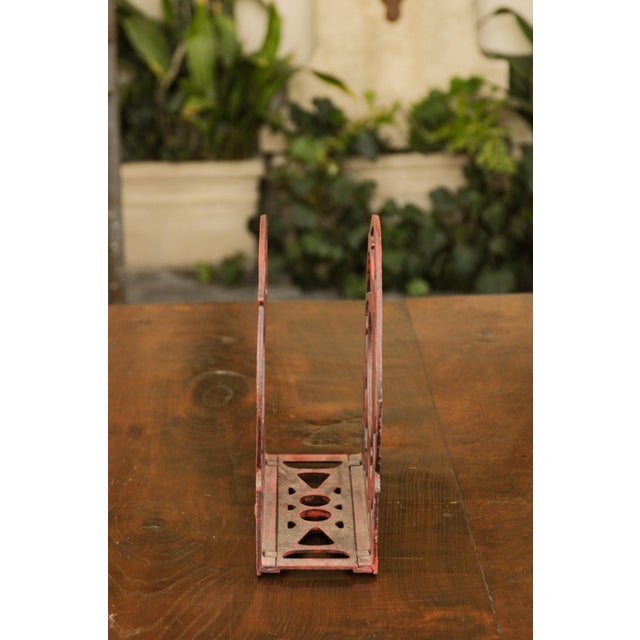 English English 1930s Red Painted Metal Magazine Rack with Medallions and Greyhounds For Sale - Image 3 of 11