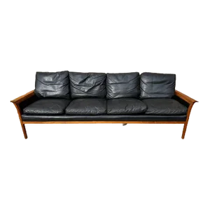Mid Century Danish Modern Rosewood Hans Olsen Style Sofa Couch With Black Leather Cushions