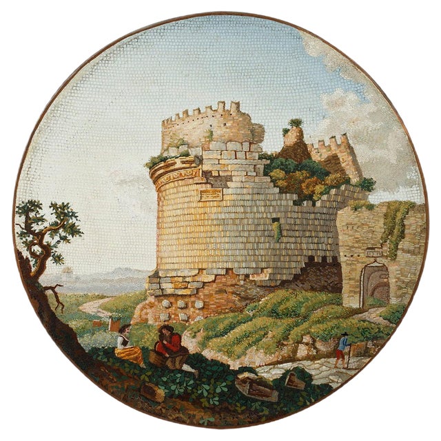 Round Micromosaic Depicting Mausoleum of Cecilia Metella on the Appian Way, Early 19th Century For Sale