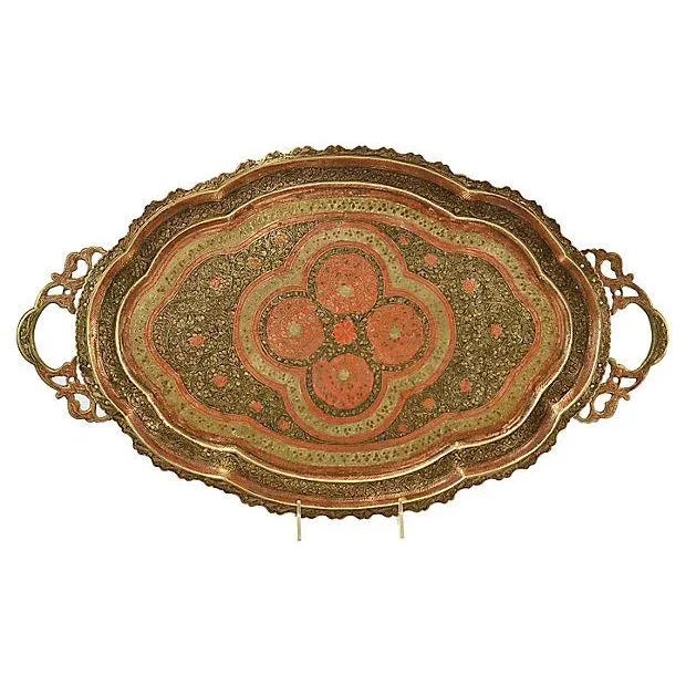 Brass Antique Engraved Enameled 23" Oval Brass Tray For Sale - Image 8 of 8