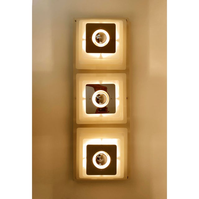 Large mid century modern architectonic / sculptural light panel by honsel with 3 pyramid lights made out of 3 stacked...
