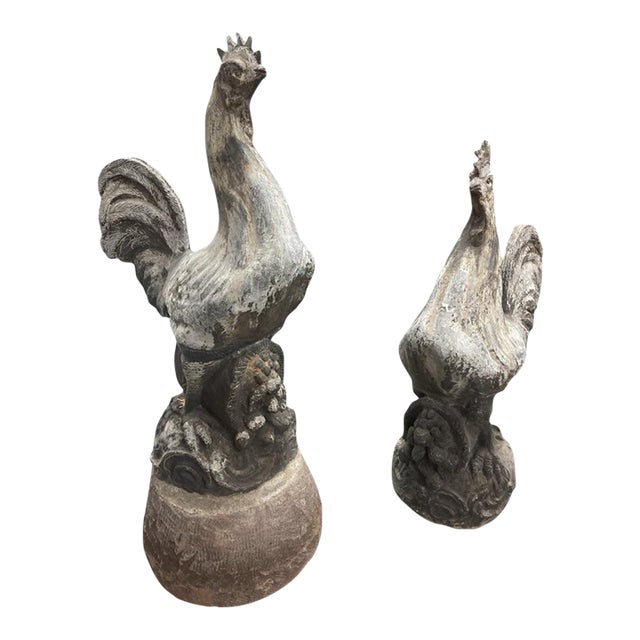Vintage Cast Lead Rooster Garden Statues - A Pair For Sale