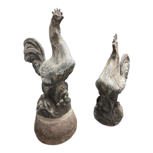 Vintage Cast Lead Rooster Garden Statues - A Pair