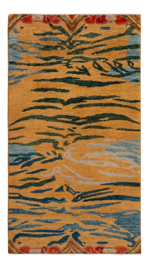 Handknotted Abstract Tiger Print Rug with Blue and Red Accents - 3'x5'6"