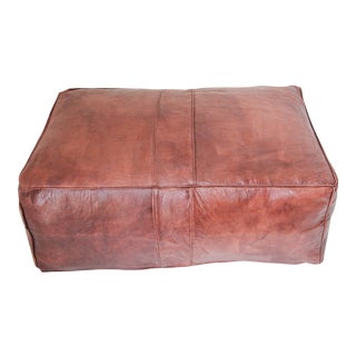 Large Moroccan Brown Leather Rectangular Pouf Ottoman For Sale