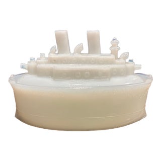 Antique 1898 Flaccus Bros. Uranium Milk Glass 'Uss Wheeling' Battleship Covered Dish For Sale
