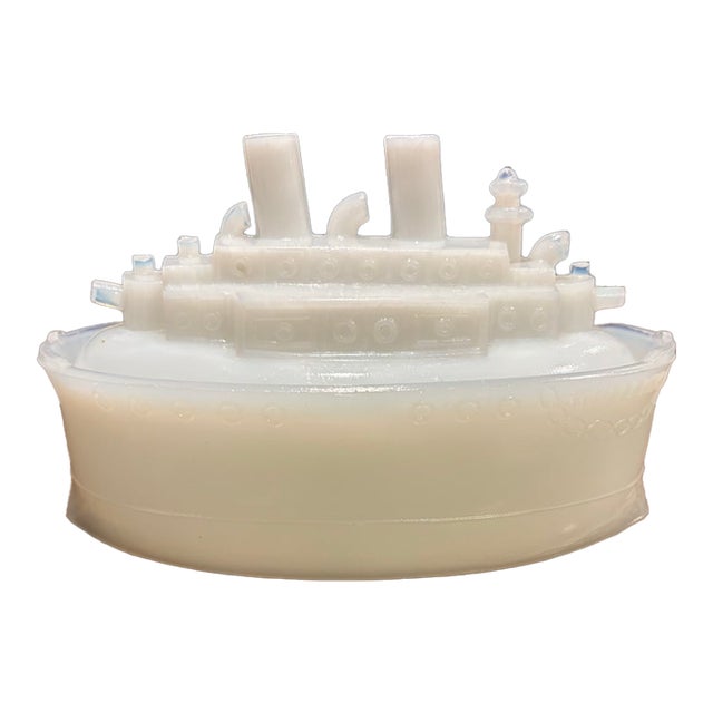 Antique 1898 Flaccus Bros. Uranium Milk Glass 'Uss Wheeling' Battleship Covered Dish For Sale