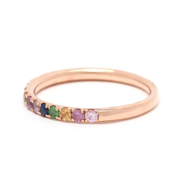 Early 21st Century Multi-Color Sapphire Band Ring, 14k Rose Gold, Ring Size 5.75, Stackable For Sale - Image 5 of 6