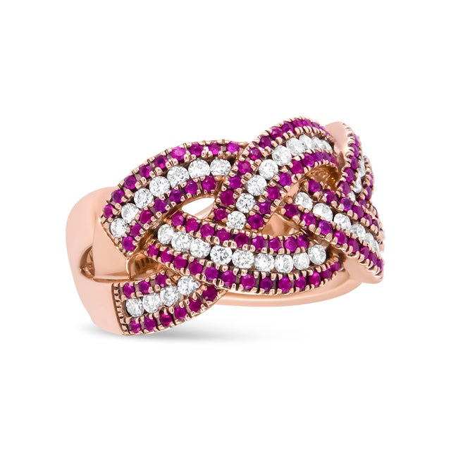 Contemporary 18K Rose Gold Red Ruby and 7/8 Cttw Diamond Woven Braided Band Ring (F-G Color, VS1-VS2 Clarity) - Ring Size 7 For Sale - Image 3 of 6