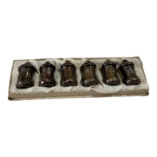 1970s Collection of Sterling Silver Patina Small Salt Shakers With Tray- Set of 6 For Sale