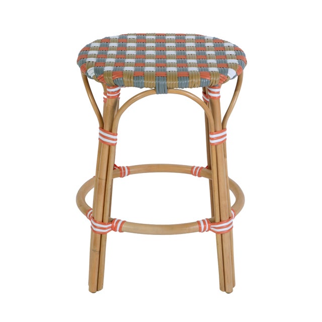 Spritely Home Accent Furniture Ballito 24.5 in. Seat Height Oval Rattan Counter Stool with Footrest, French Orange, Brown, Gray & White For Sale - Image 4 of 8