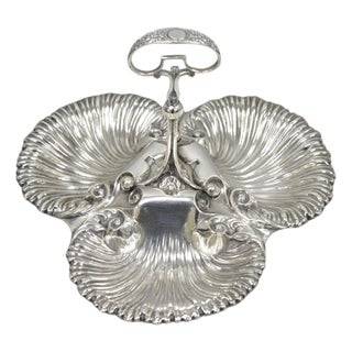 Antique English Victorian Silver Plated Triple Clam Shell Nautical Candy Dish For Sale